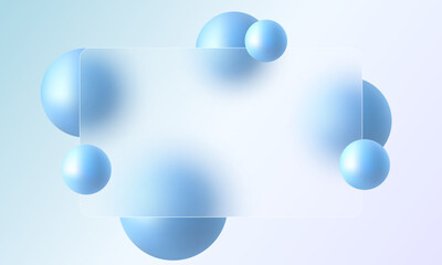 Glass morphism website landing page template. Frosted glass partition with floating blue spheres.