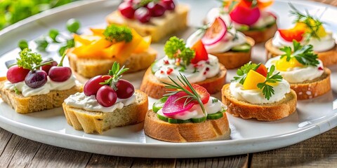 A Delightful Array of Toasted Bread Bites Topped with Creamy Whipped Spread and Freshly Cut Fruits and Vegetables