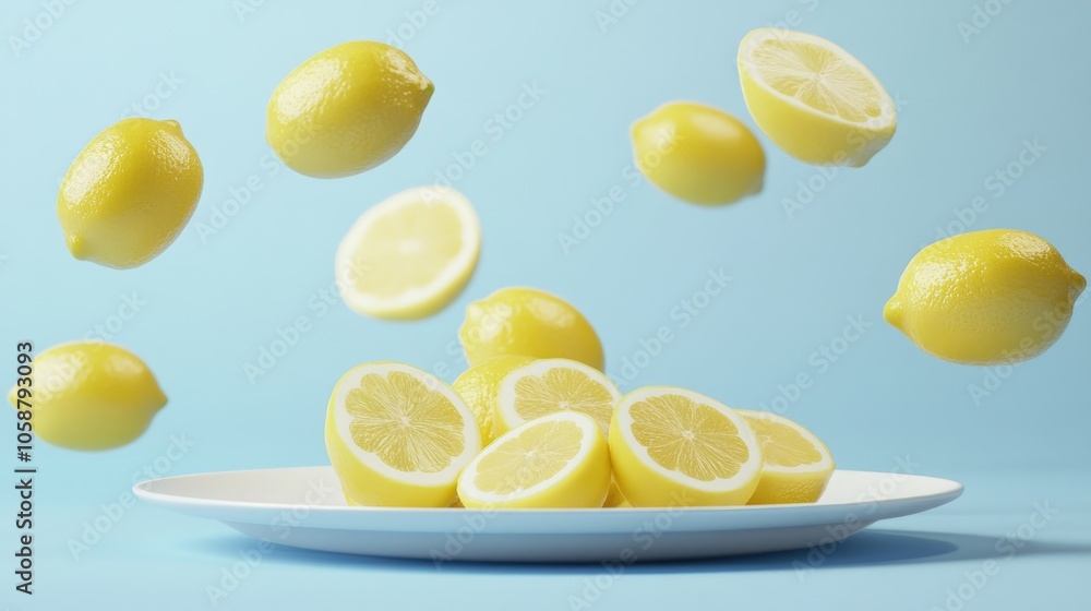 Poster yellow whole and sliced lemons float above a plate in an isometric view showcasing a minimal still l