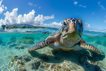 Obraz premium An endangered Hawaiian Green Sea Turtle