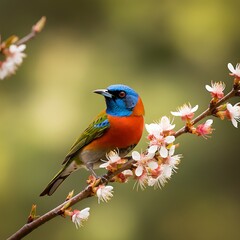 Obraz premium Vibrant bird perched on a flowering branch in soft focus