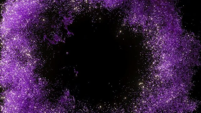 Purple heart shape explosion with Purple shiny particles like a smok on a black and dark background. Holiday background. 3D Animation footage. 