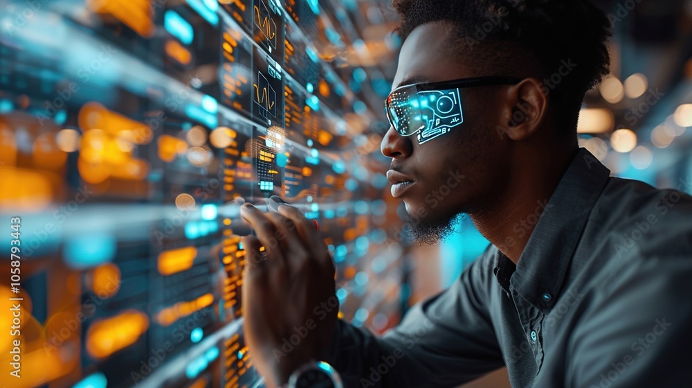 Poster a person wearing futuristic glasses interacts with a digital display of data and information.