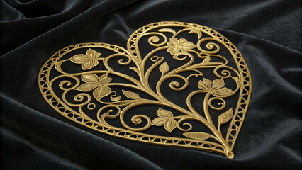 Intricate Golden Filigree Heart Design Embellished with Delicate Floral Motifs on a Black Velvet Background