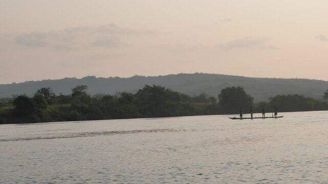 Aerial view of Congo traditional canoe on the waterways of the Congo river.