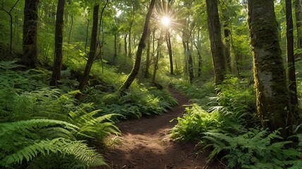 Obraz premium Dense, quiet forest with winding dirt paths, lively greenery all around.