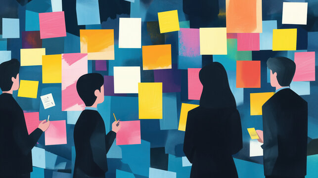 Analysis paralysis, brainstorming, sticky notes, ideas, overthinking, illustration, business, indecision, overwhelmed