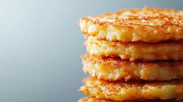 Crispy hashbrown potato pancakes, capturing the delightful texture and golden hue of pancakes, with ample copy space for customization and branding needs. Perfect for food imagery.