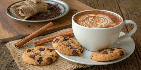 Fototapeta premium Aromatic Cappuccino with a Delicate Heart Design Served with Crunchy Chocolate Chip Cookies and Cinnamon Sticks on a Rustic Wooden Surface