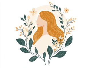 Elegant floral portrait of a woman with flowing red hair amidst botanical elements