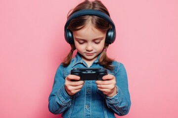 A young girl enjoying a gaming session with her headphones on
