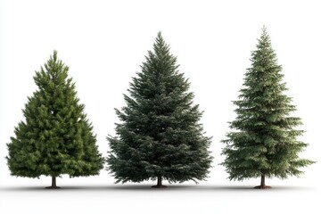 Obraz premium Natural Elegance: A Trio of Evergreen Trees Displaying Varied Heights and Rich Textures Amidst a Bright, Minimalist Background