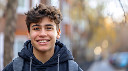Portrait of a smiling teenager on the street outdoors.