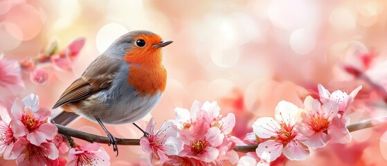  A small bird perches on a tree branch, surrounded by pink flowers in the foreground The background softly blurs with a haze of light