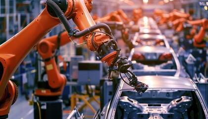 Fototapeta premium Robotic Arm Assembling a Car in a Factory