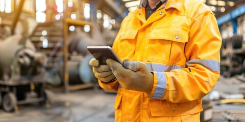 A worker in a bright orange uniform checks a smartphone while in an industrial environment, showcasing safety and modern technology in the workplace.