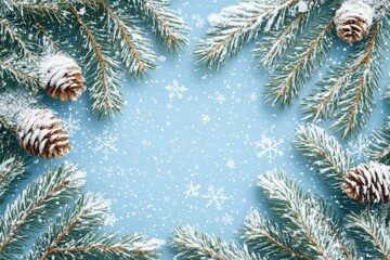 Captivating Snow Covered Pine Branches with Delicate Snowflakes Falling for Winter Imagery