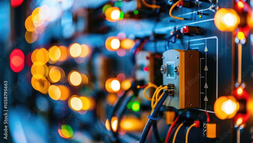 Poster a close-up of circuit components and colorful lights, showcasing an intricate electrical panel with 