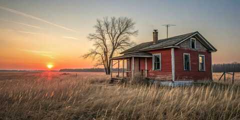 A weathered red farmhouse stands solitary in a field of tall golden grass, bathed in the soft glow of the setting sun, a testament to the passage of time.