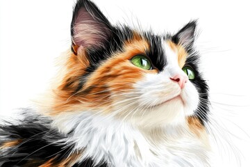 A detailed shot of a feline face with vibrant green eyes