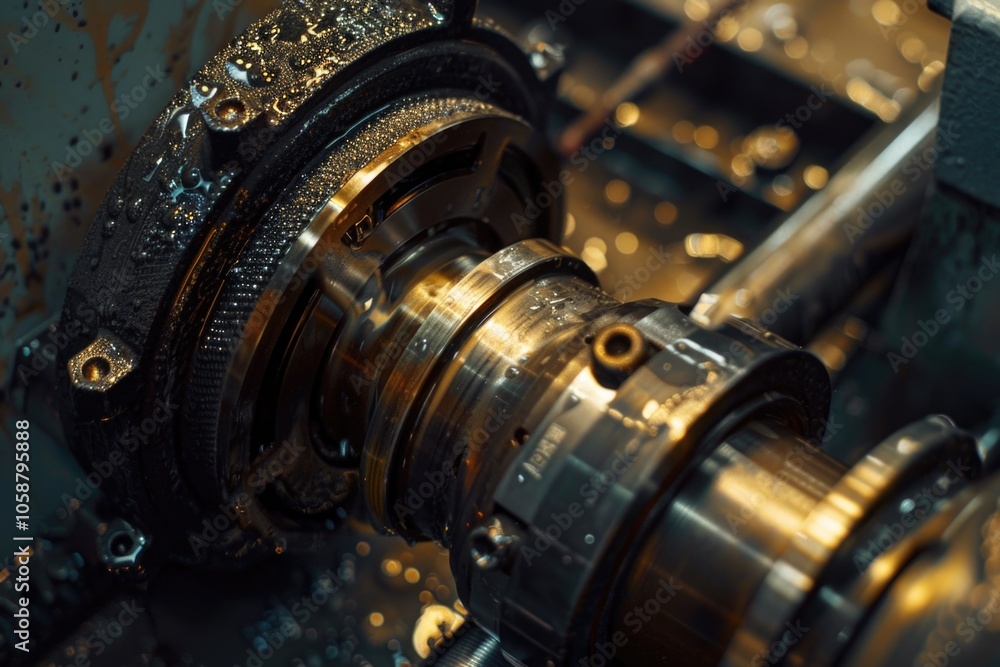 Poster a detailed shot of a machine in operation, ideal for use in industry-related contexts or as a design