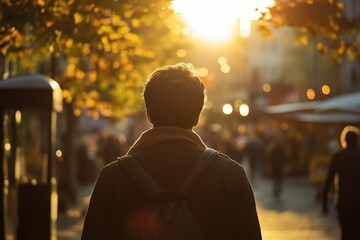 A person carrying a backpack walks down a busy street