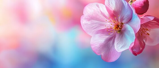  A tight shot of a pink flower against a blue skybackdrop Foreground features a pink-white bloom