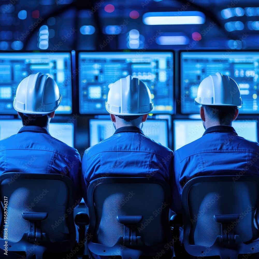 Poster three workers in hard hats monitor multiple screens in a darkened control room, utilizing technology