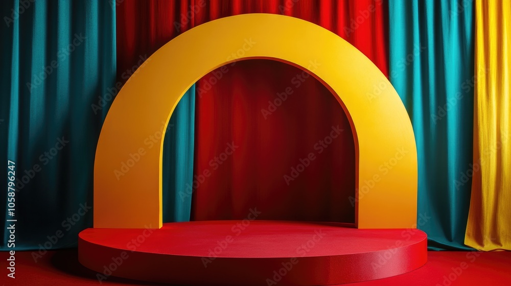 Poster a red stage with a yellow arch in front of a colorful curtain