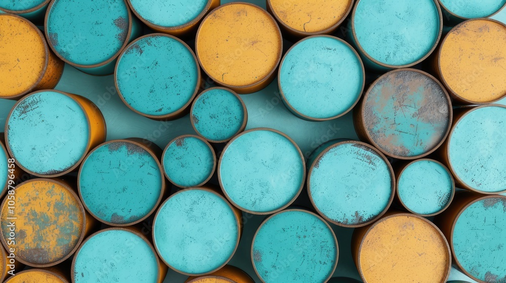 Poster A vibrant arrangement of circular objects in turquoise and orange, creating an abstract pattern with varying sizes and textures.