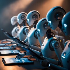 Fototapeta premium Collection of Ai robot using tablet 