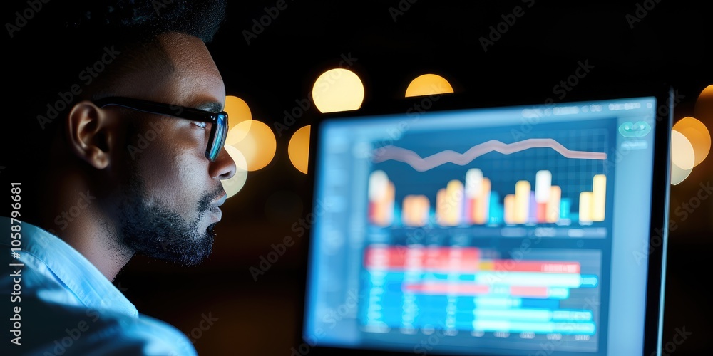Aufkleber a focused individual analyzes data on a screen, illuminated by city lights, highlighting a tech-savv