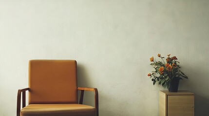 A minimalist brown chair and simple chintz sofa create a stylish skit, highlighting the beauty of the flower effect and light wooden box. Perfect for modern decor with ample copy space.