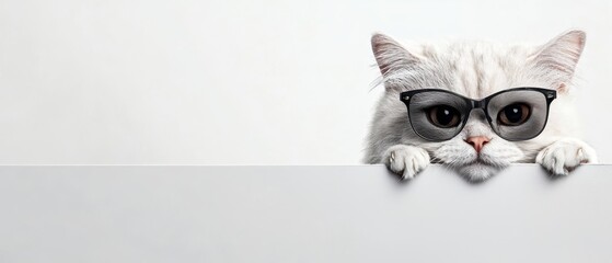  A white cat in glasses gazes over a whiteboard, paws hovering at the edge