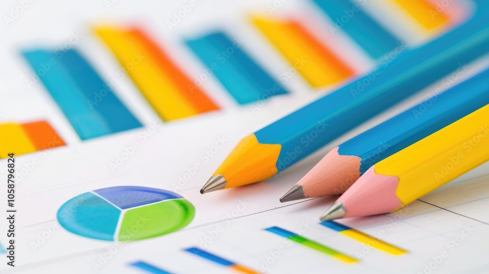 Poster a close-up image of colored pencils resting on a printed chart featuring vibrant bar graphs and a pi