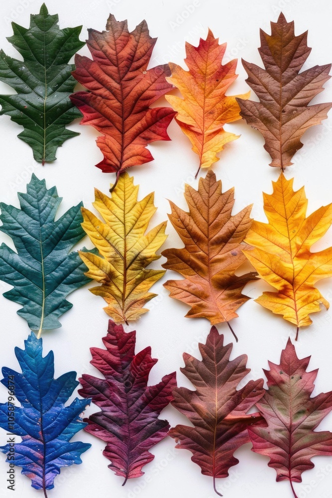 Poster a collection of colorful leaves arranged on a clean white surface