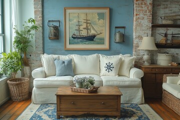 A stylish interior showcasing a nautical, vintage theme with knotted rope motifs, retro patterns, and rustic furniture. Generative AI