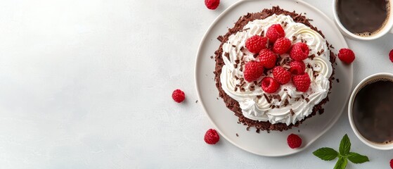  A white plate holds a cake topped with whipped cream and raspberries Nearby, two steaming cups of coffee are present