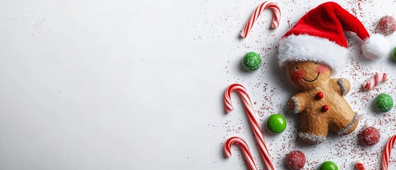  A gingerbread in a Santa hat, surrounded by candy canes and candies, against a white background with ample space for text or design additions