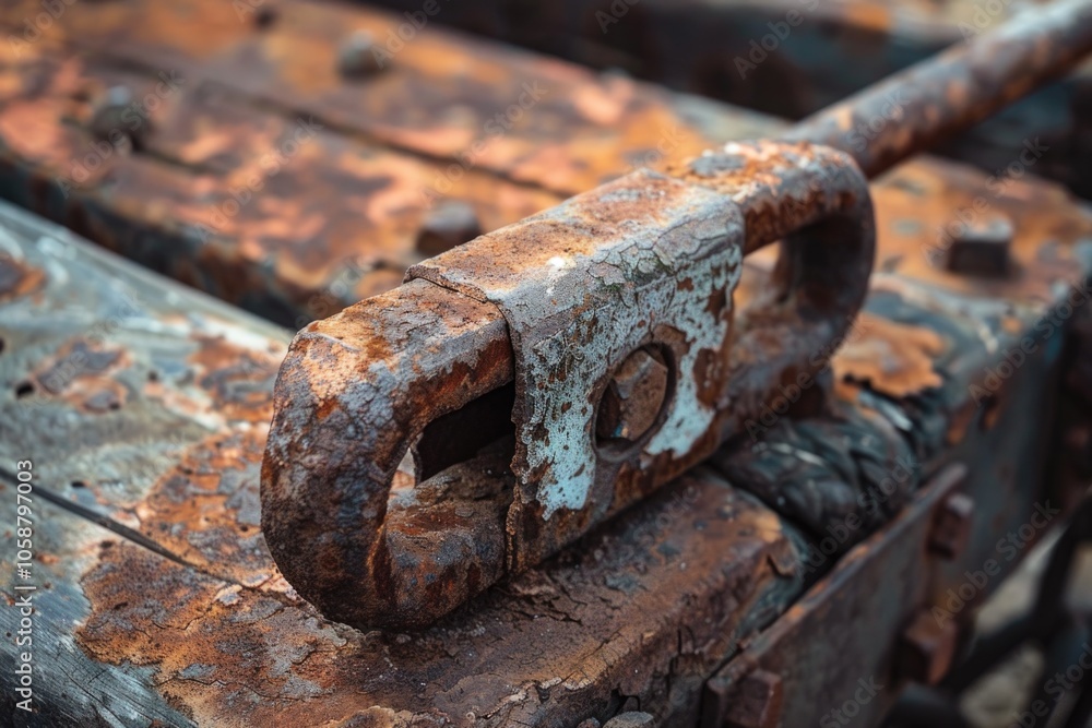 Poster a rusty old metal object sits atop a wooden plank, with a simple and worn surface