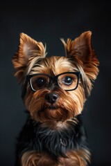 A small dog wearing glasses sits on a black background