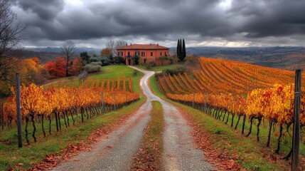 Fototapeta premium A winding road leads up to a red brick house atop a hill overlooking a vineyard in autumn.