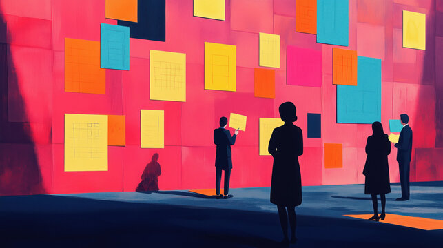 Analysis paralysis, brainstorming, sticky notes, ideas, overthinking, illustration, business, indecision, overwhelmed