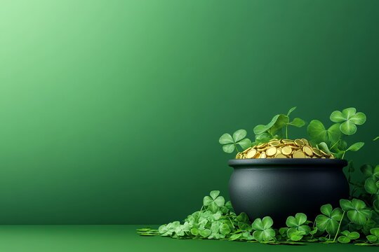 A black pot overflowing with golden coins and shamrock leaves, set against a vibrant green backdrop for a festive celebration