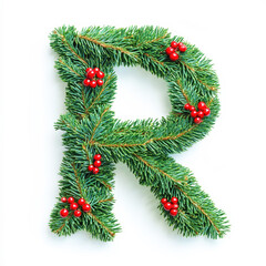 Christmas alphabet letter R made of fresh green fluffy branches and red berries. Clean background. Generative AI