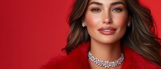 Fototapeta premium A woman in a red fur coat is closely photographed, accessorized with a necklace featuring a diamond choker