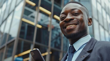 A professional man holds a cell phone, possibly taking a call or checking messages