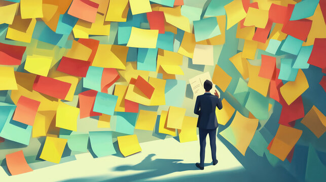 Analysis paralysis, brainstorming, sticky notes, ideas, overthinking, illustration, business, indecision, overwhelmed