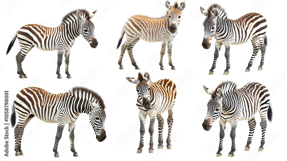Poster six zebra illustrations on transparent background generative ai