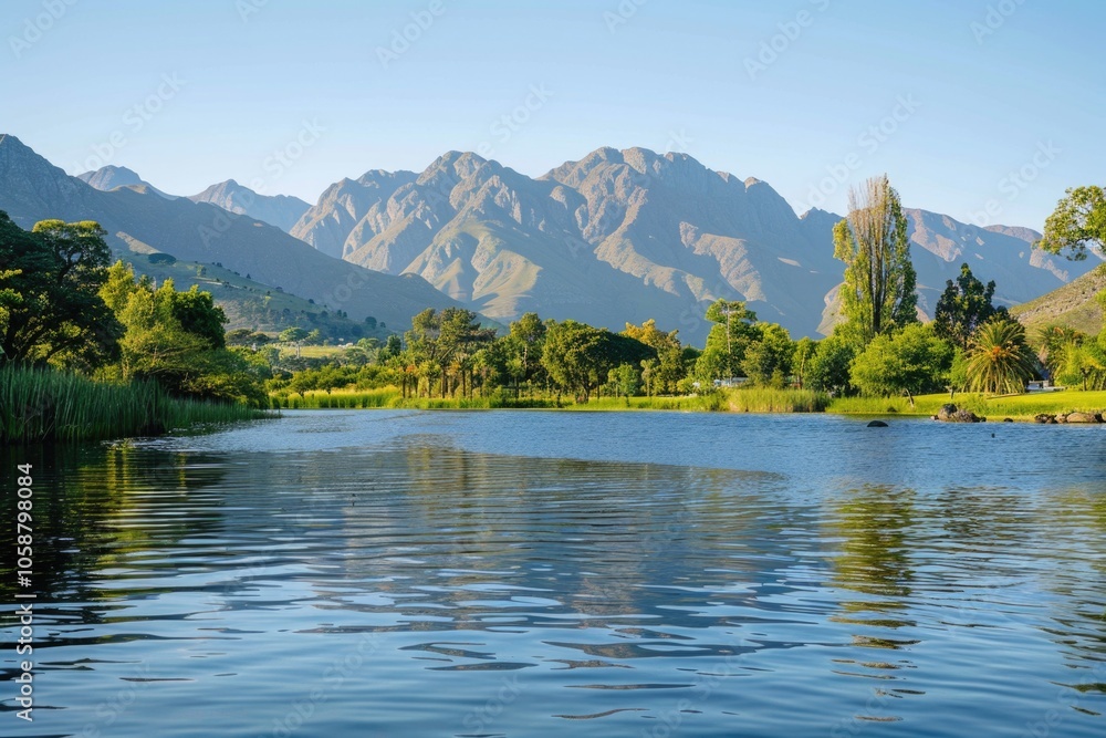 Poster a serene lake scene with mountains visible in the distance